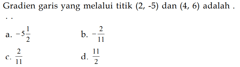 Gradien garis yang melalui titik (2, -5) dan (4, 6) adalah ...