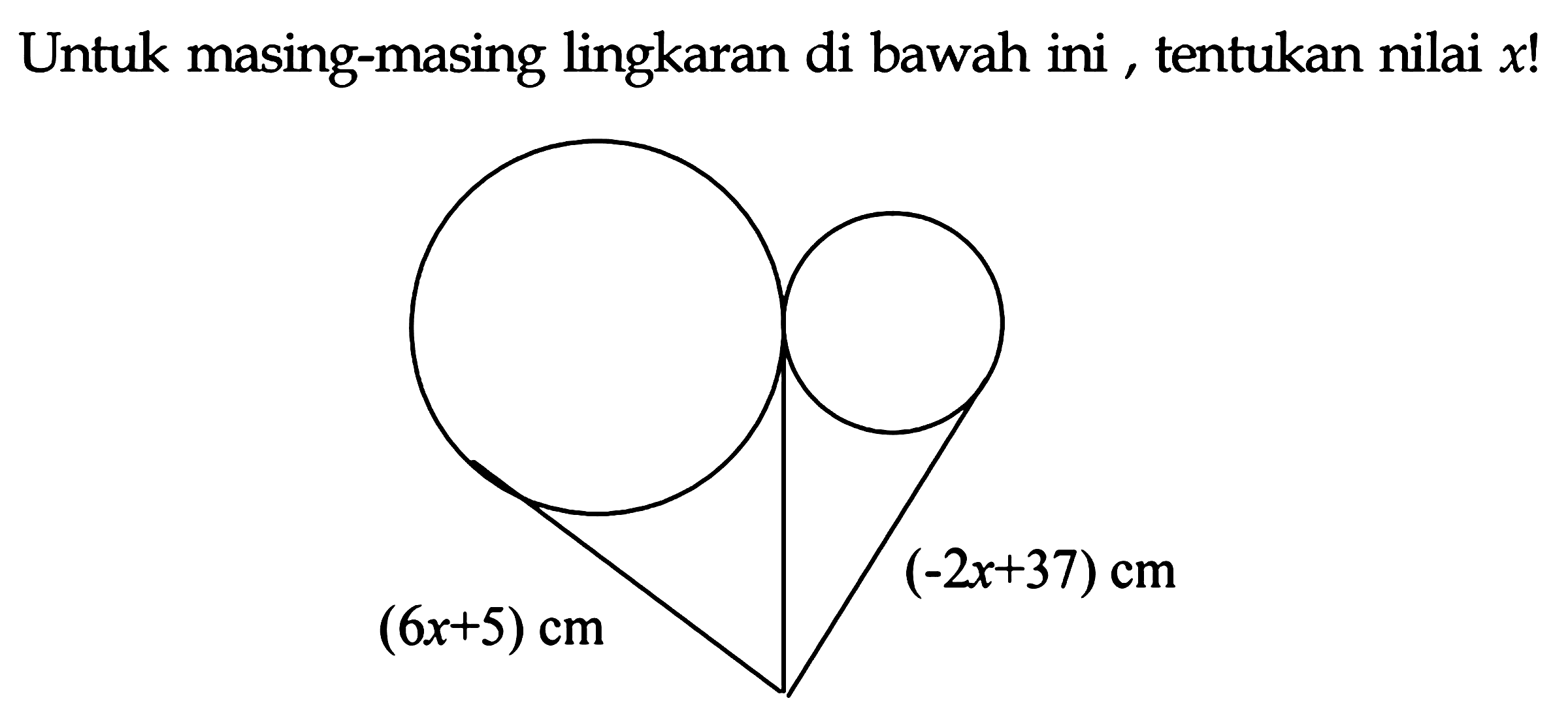 Untuk masing-masing lingkaran di bawah ini, tentukan nilai  x !

(6x+5) cm (-2x+37) cm