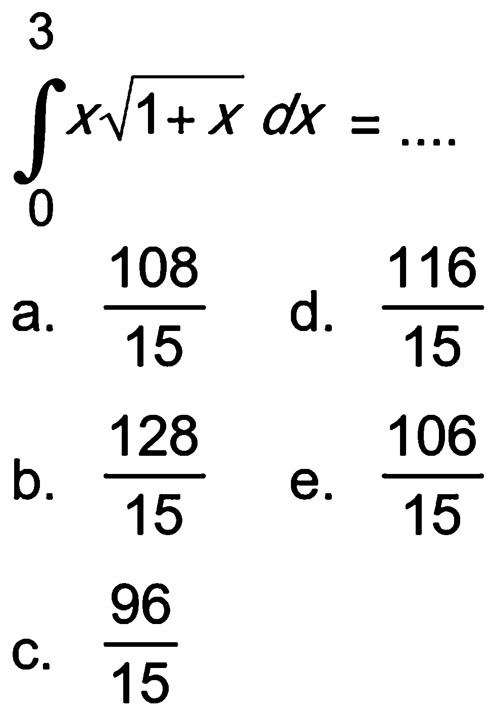 integral 0 3 x akar(1+x) dx=... 