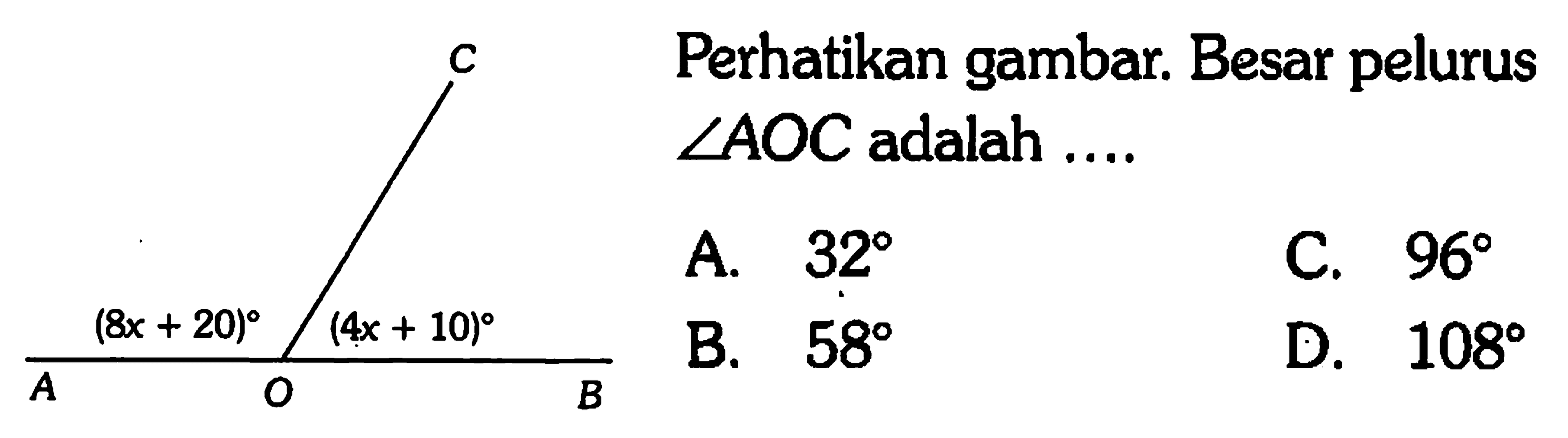 Perhatikan gambar. Besar pelurus sudut AOC adalah....(8x+20) (4x+10) A. 32 B. 58 C. 96 D. 108