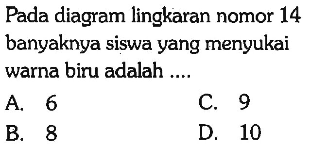 Pada diagram lingkaran nomor 14 banyaknya siswa yang menyukai warna biru adalah... A. 6 B. 8 C. 9 D. 10