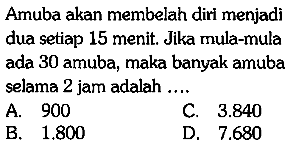 Amuba akan membelah diri menjadi dua setiap 15 menit. Jika mula-mula ada 30 amuba, maka banyak amuba selama 2 jam adalah 