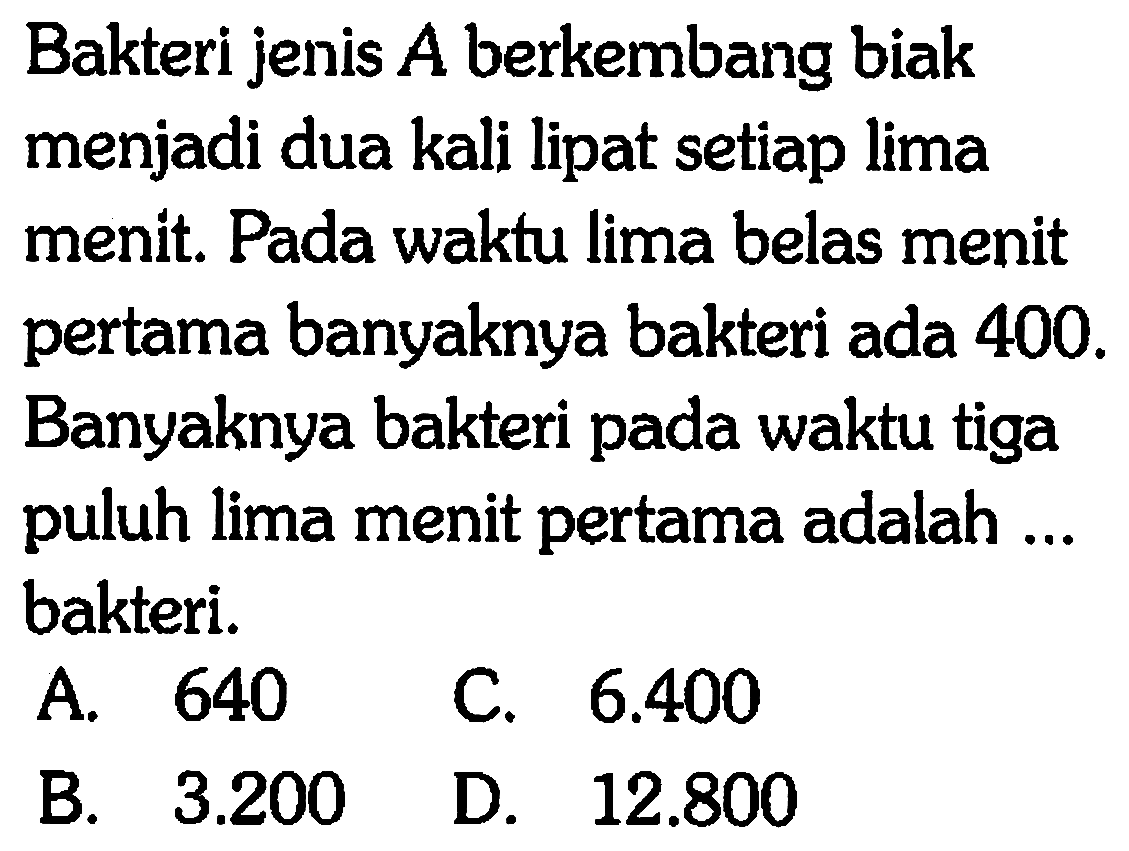 Bakteri jenis A berkembang biak menjadi dua kali lipat setiap lima menit. Pada waktu lima belas menit pertama banyaknya bakteri ada 400. Banyaknya bakteri pada waktu tiga puluh lima menit pertama adalah... bakteri.