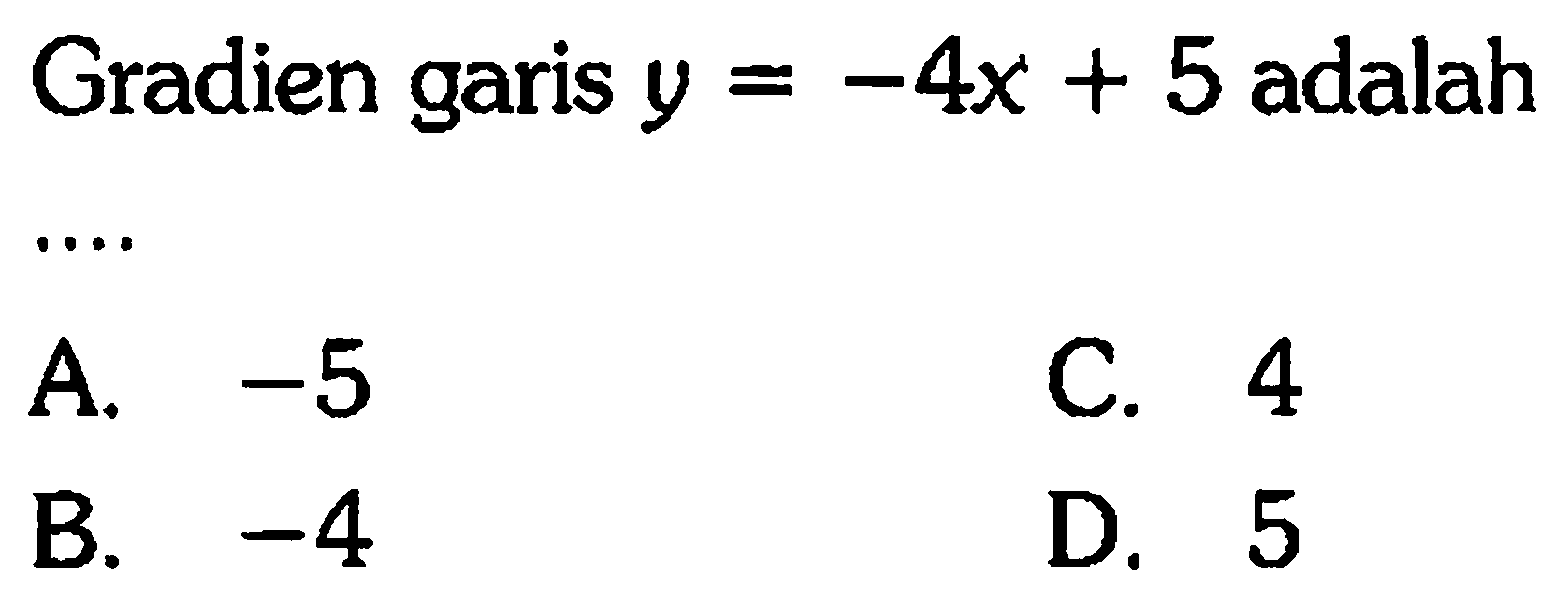 Gradien garis y=-4 x+5 adalah