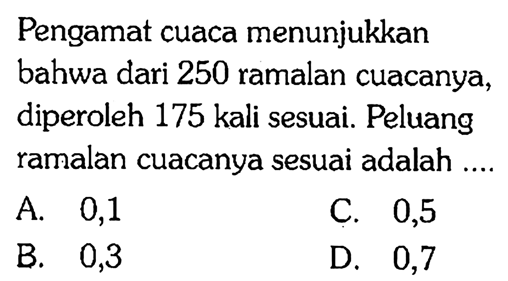 Pengamat cuaca menunjukkan bahwa dari 250 ramalan cuacanya, diperoleh 175 kali sesuai. Peluang ramalan cuacanya sesuai adalah ....
