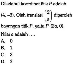 Diketahui koordinat titik P adalah (4,-3). Oleh translasi (2 a) diperoleh bayangan titik P, yaitu P'(2a, 0). Nilai a adalah ....