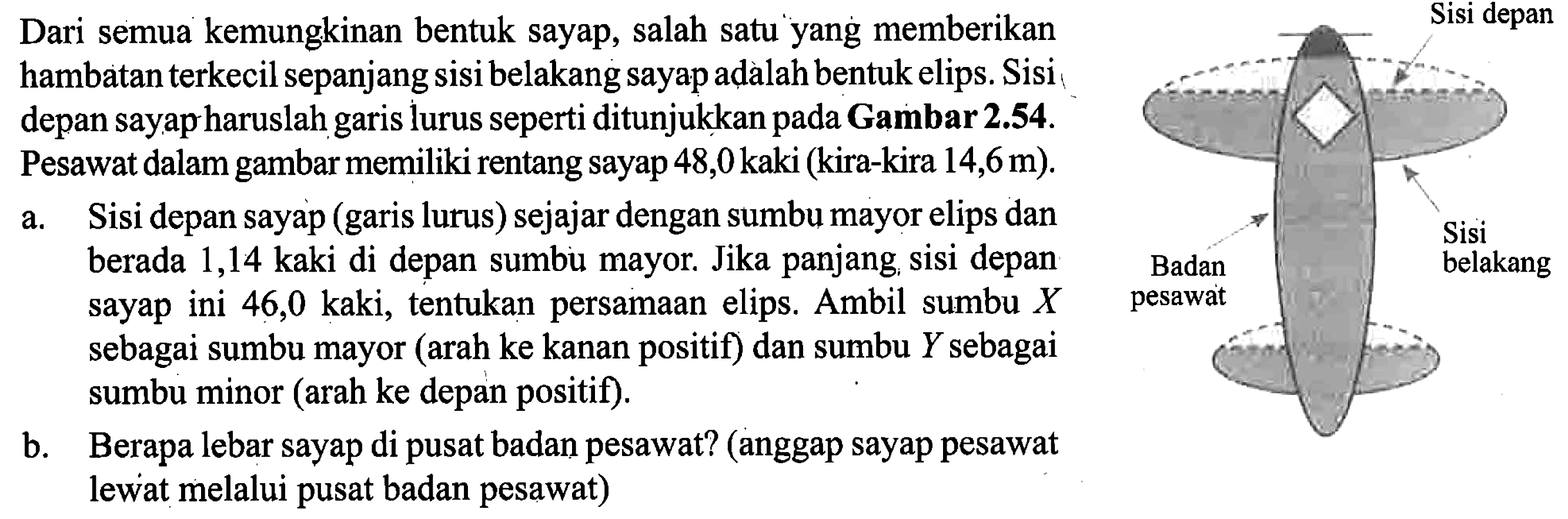 Dari semua kemungkinan bentuk sayap, salah satu yang memberikan hambatan terkecil sepanjang sisi belakang sayap adalah bentuk elips. Sisi depan sayap haruslah garis lurus seperti ditunjukkan pada Gambar 2.54. Pesawat dalam gambar memiliki rentang sayap 48,0 kaki (kira-kira 14,6m).
a. Sisi depan sayap (garis lurus) sejajar dengan sumbu mayor elips dan berada 1,14 kaki di depan sumbu mayor. Jika panjang sisi depan sayap ini 46,0 kaki, tentukan persamaan elips. Ambil sumbu X sebagai sumbu mayor (arah ke kanan positif) dan sumbu Y sebagai sumbu minor (arah ke depan positif). b. Berapa lebar sayap di pusat badan pesawat? (anggap sayap pesawat lewat melalui pusat badan pesawat) Sisi depan Badan pesawat Sisi belakang