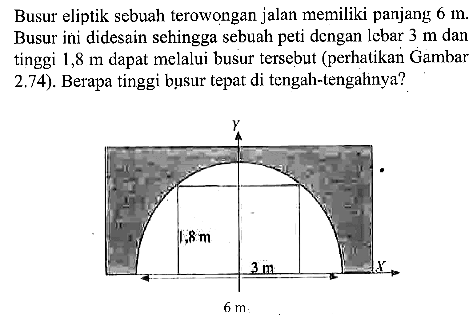 Busur eliptik sebuah terowongan jalan memiliki panjang 6 m. Busur ini didesain sehingga sebuah peti dengan lebar 3 m dan tinggi 1,8 m dapat melalui busur tersebut (perhatikan Gambar 2.74). Berapa tinggi busur tepat di tengah-tengahnya? 
Y 1,8 m 3 m X 6 m