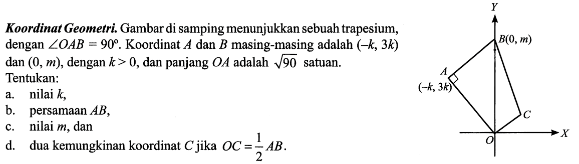 Koordinat Geometri. Gambar di samping menunjukkan sebuah trapesium, dengan sudut OAB = 90 . Koordinat A dan B masing-masing adalah (-k, 3k) dan (0, m), dengan k > 0, dan panjang OA  adalah akar(90) satuan.
(0, m) (-k, 3k)
Tentukan:
a. nilai  k ,
b. persamaan AB ,
c. nilai m, dan 
d. dua kemungkinan koordinat C  jika OC = 1/2 AB.