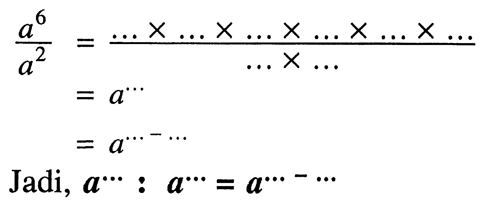 (a^6)/(a^2)  = (... x ... x ... x ... x ... x ...)/(... x ...)  =a^...  =a^(...-...)   
Jadi, a^.. : a^.. = a^(...-...) 