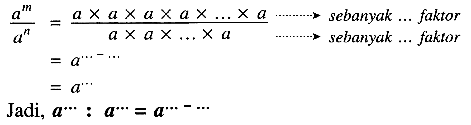  a^m/a^n=a x a x a x a x ... x a/a x a x ... x a -> sebanyak ... faktor
-> sebanyak ... faktor
 =a^..-... 
 =a^... 
Jadi, a^..: a^..=a^(..-..)