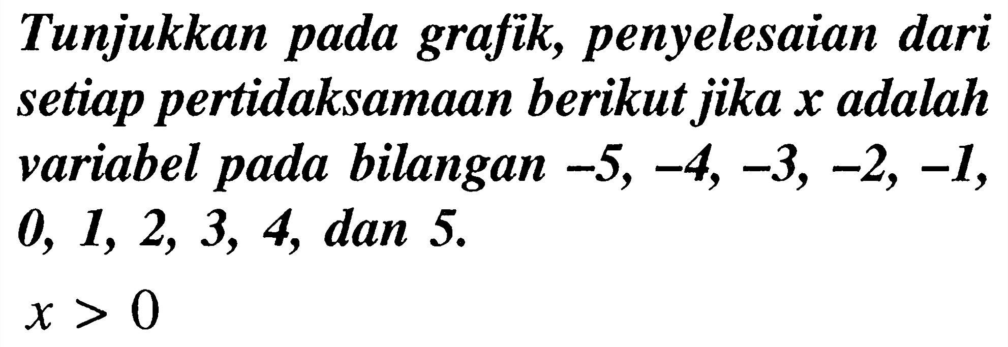 Tunjukkan pada grafik, penyelesaian dari setiap pertidaksamaan berikut jika  x  adalah variabel pada bilangan  -5,-4,-3,-2,-1 ,  0,1,2,3,4 , dan 5.

x>0
