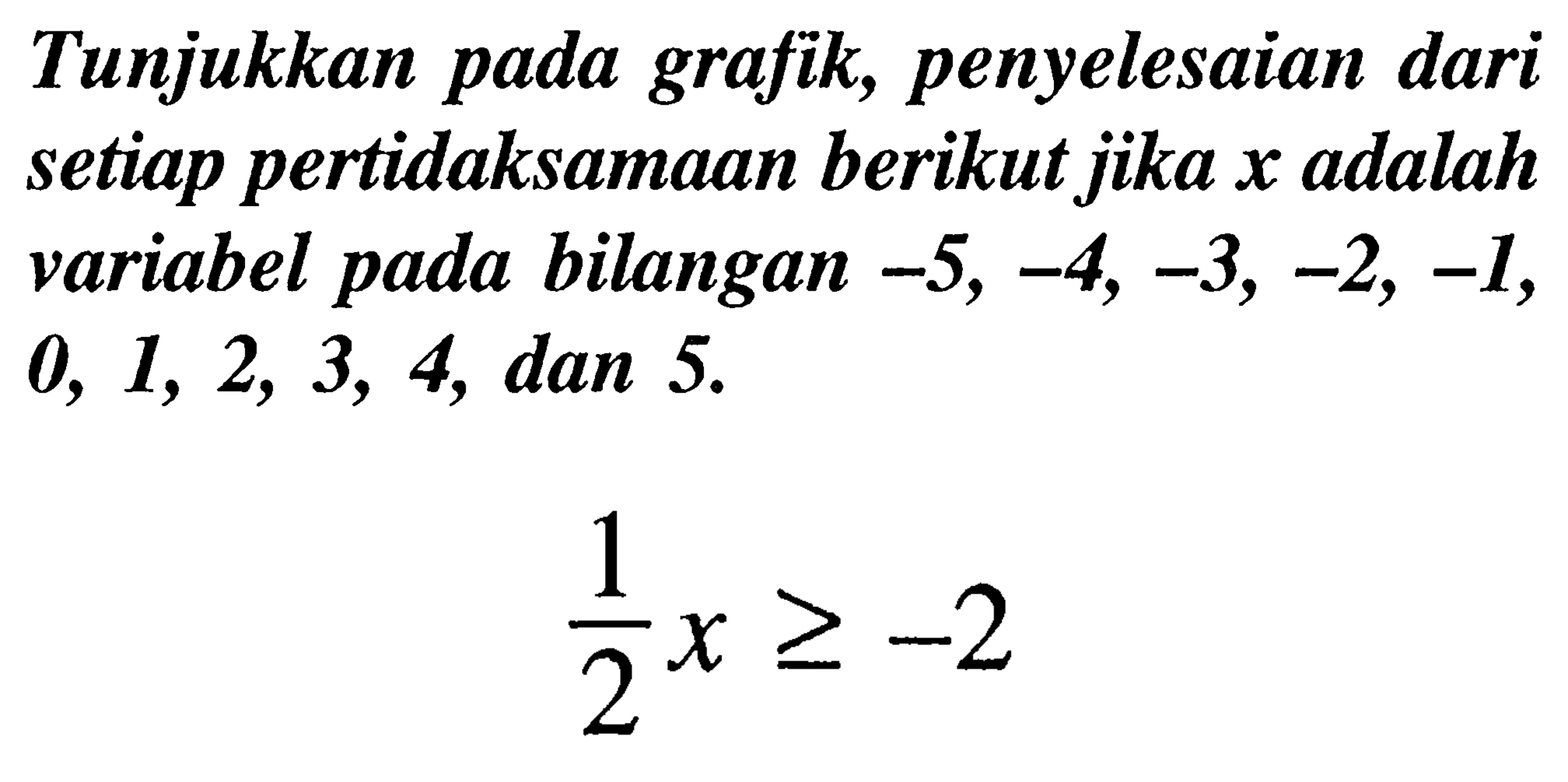 Tunjukkan pada grafik, penyelesaian dari setiap pertidaksamaan berikut jika  x  adalah variabel pada bilangan  -5,-4,-3,-2,-1 ,  0,1,2,3,4 , dan 5.

(1/2) x >=-2
