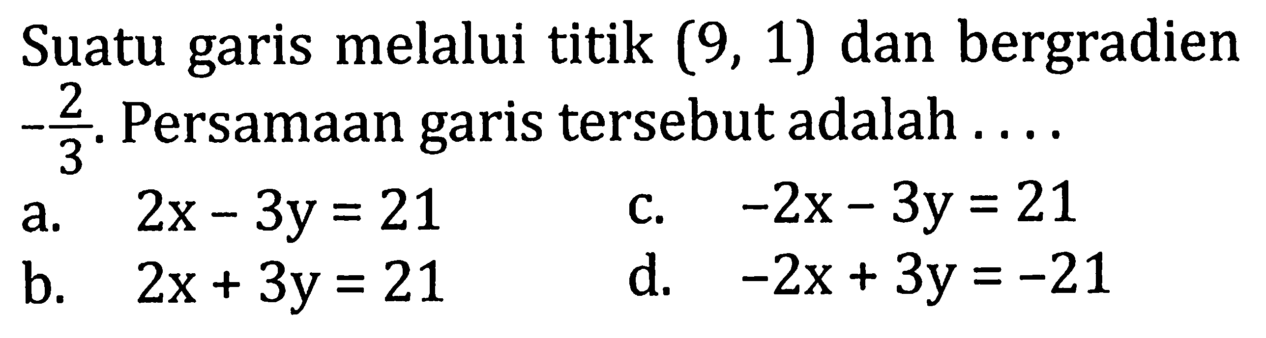 Suatu garis melalui titik (9,1) dan bergradien -2/3. Persamaan garis tersebut adalah.... 