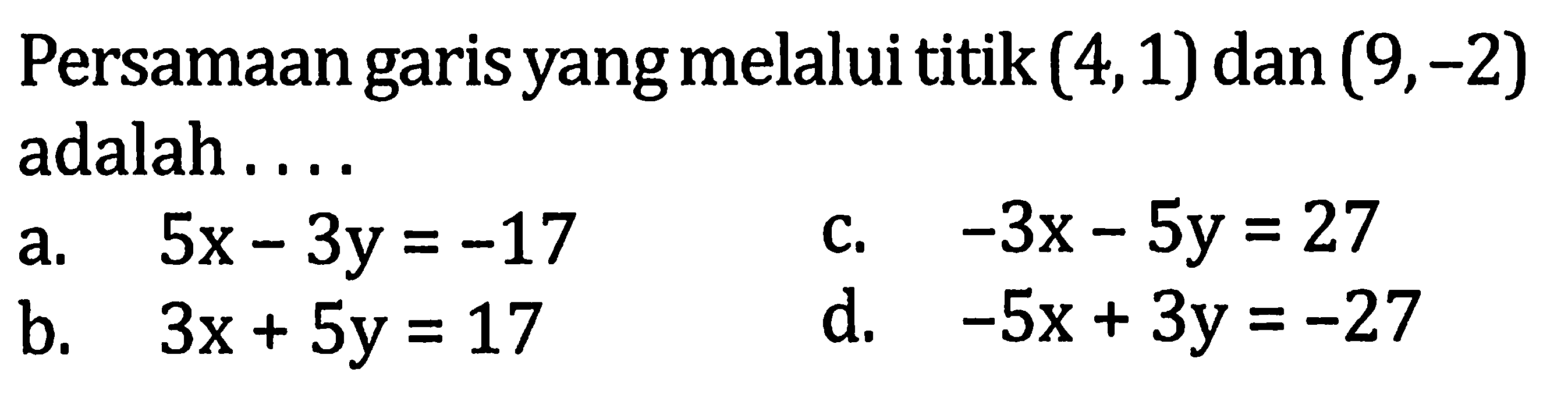 Persamaan garis yang melalui titik (4,1) dan (9,-2) adalah .... 