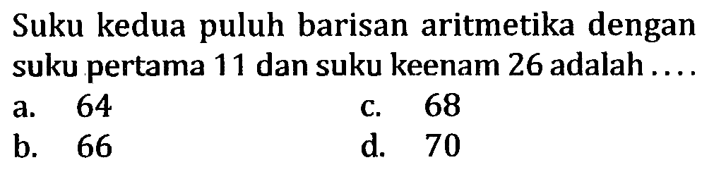 Suku kedua puluh barisan aritmetika dengan suku pertama 11 dan suku keenam 26 adalah ...