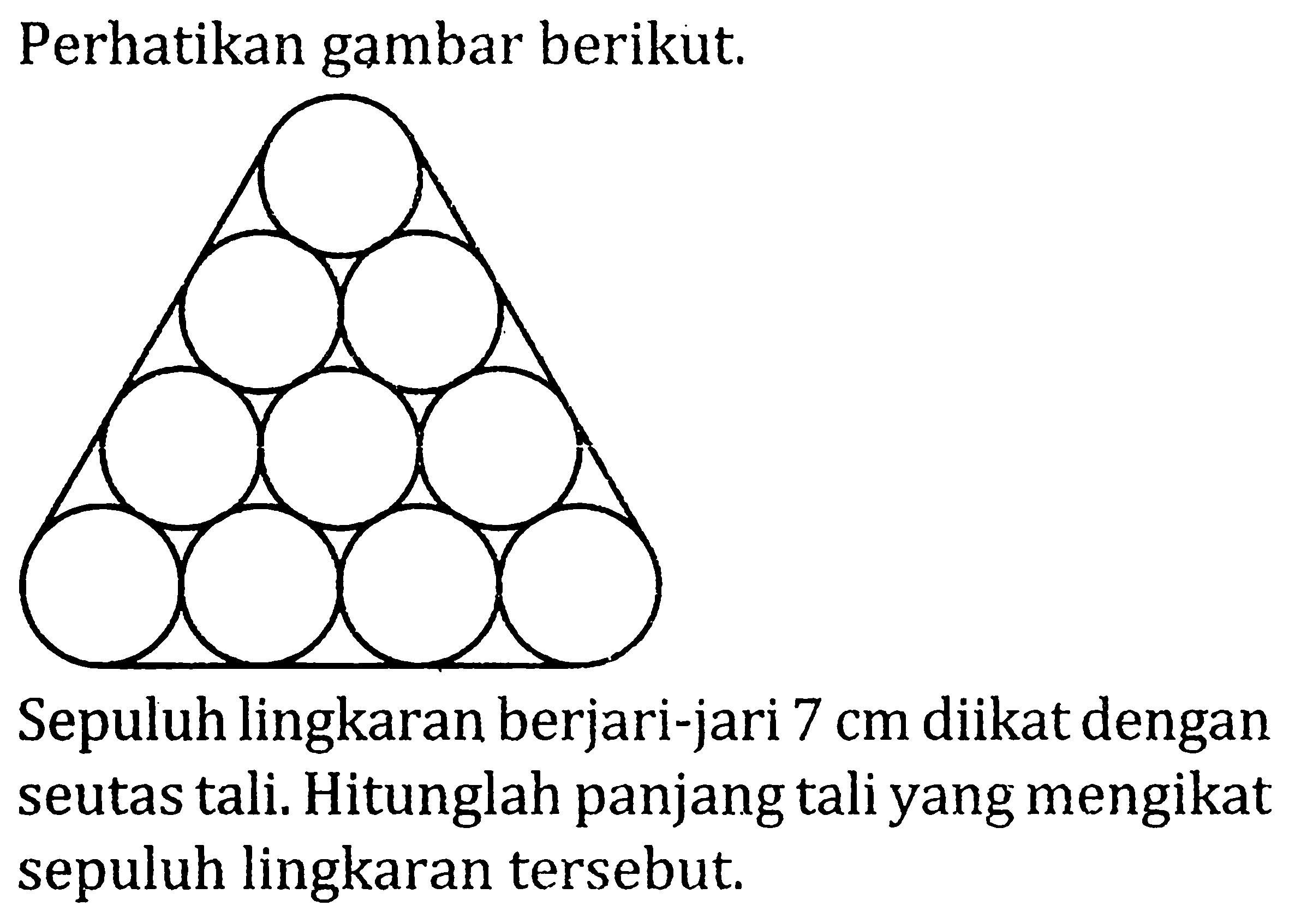 Perhatikan gambar berikut.
Sepuluh lingkaran berjari-jari  7 cm  diikat dengan seutas tali. Hitunglah panjang tali yang mengikat sepuluh lingkaran tersebut.