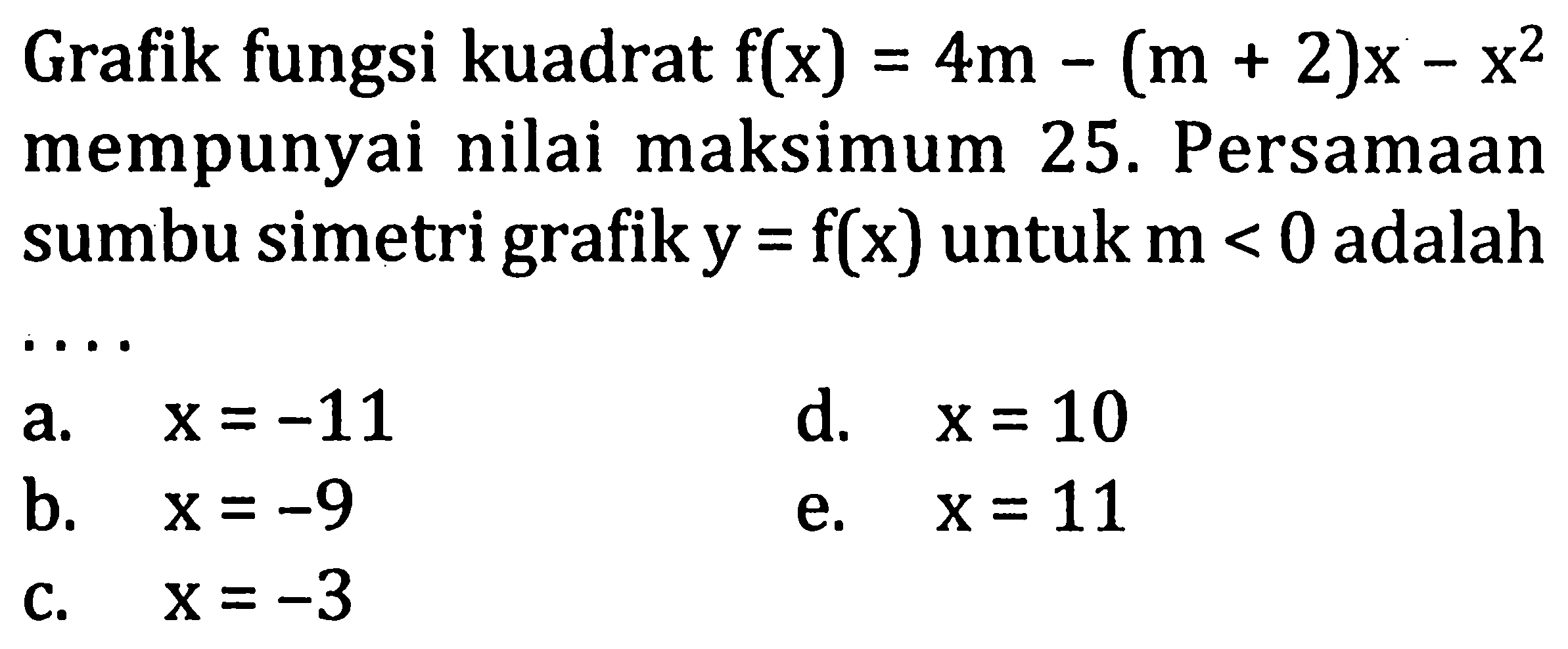 Grafik fungsi kuadrat f(x)=4m - (m+ 2 )x - x^2 mempunyai nilai maksimum 25. Persamaan sumbu simetri grafik y=f(x) untuk m<0 adalah