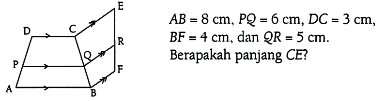 AB=8 cm, PQ=6 cm, DC=3 cm, BF=4 cm, dan QR=5 cm.
Berapakah panjang CE? E D C R P Q F A B 