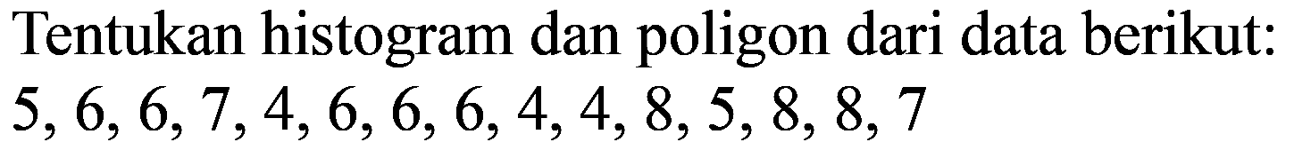 Tentukan histogram dan poligon dari data berikut:  5,6,6,7,4,6,6,6,4,4,8,5,8,8,7