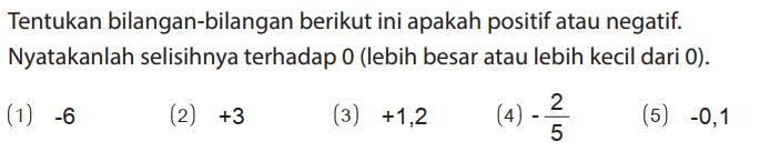 Tentukan bilangan-bilangan berikut ini apakah positif atau negatif. Nyatakanlah selisihnya terhadap 0 (lebih besar atau lebih kecil dari 0).
(1) -6
(2) +3
(3) +1,2 
(4) - 2/5 
(5) -0,1