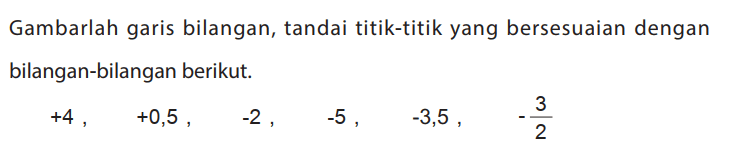 Gambarlah garis bilangan, tandai titik-titik yang bersesuaian dengan bilangan-bilangan berikut.
+4, +0,5, -2, -5, -3,5, -3/2 