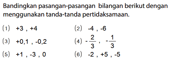 Bandingkan pasangan-pasangan bilangan berikut dengan menggunakan tanda-tanda pertidaksamaan.
(1) +3, +4 (2) -4, -6 (3) +0, 1, -0, 2 (4) -2/3, -1/3 (5) +1, -3, 0 (6) -2, +5, -5 