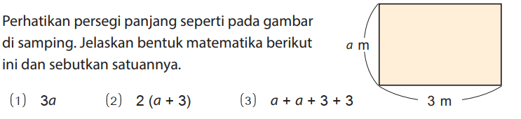 Perhatikan persegi panjang seperti pada gambar di samping. Jelaskan bentuk matematika berikut ini dan sebutkan satuannya. (1) 3 a (2) 2(a+3) (3) a+a+3+3 a m 3m