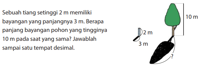 Sebuah tiang setinggi 2 m memiliki bayangan yang panjangnya 3 m. Berapa panjang bayangan pohon yang tingginya 10 m pada saat yang sama? Jawablah sampai satu tempat desimal. 2 m 3 m 10 m