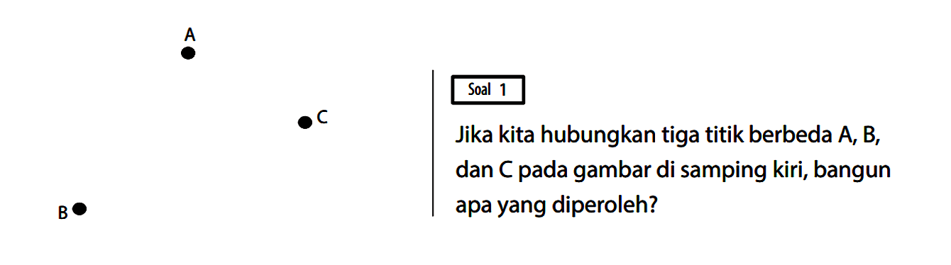 A B C 
Soal 1
Jika kita hubungkan tiga titik berbeda A, B, dan C pada gambar di samping kiri, bangun apa yang diperoleh?