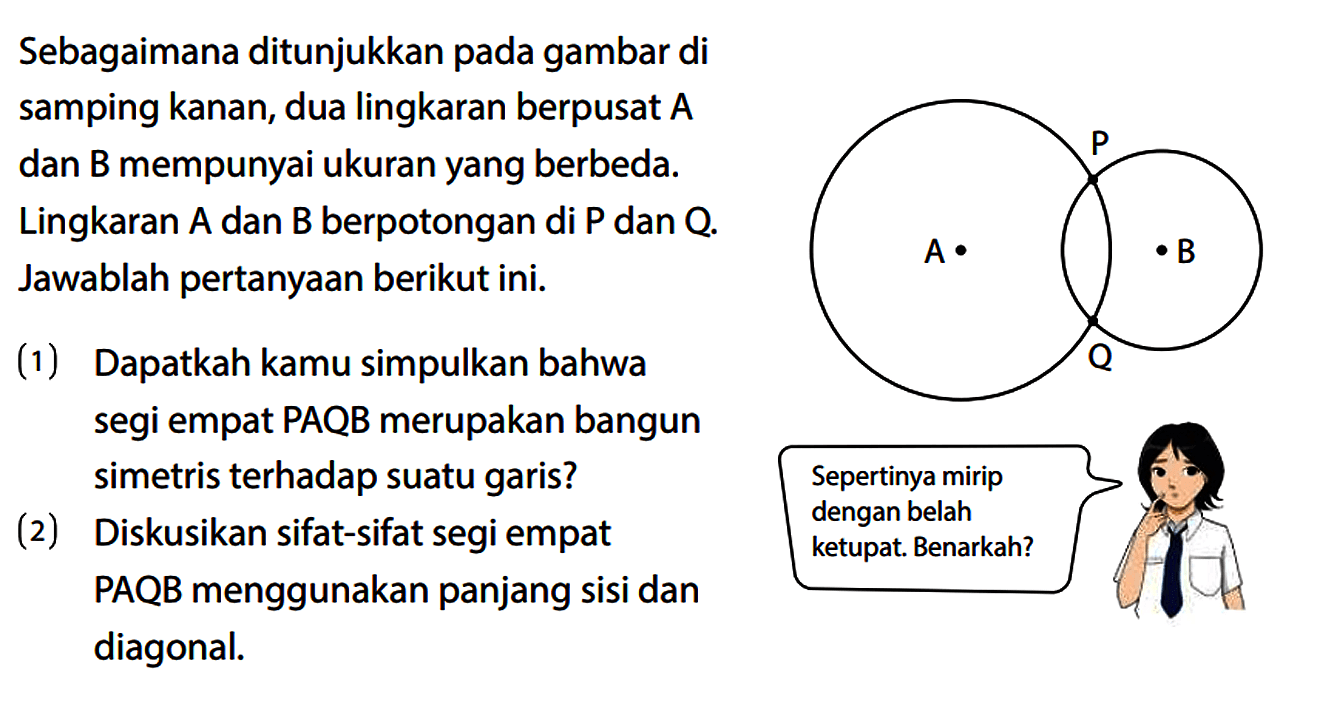Sebagaimana ditunjukkan pada gambar di samping kanan, dua lingkaran berpusat A dan B mempunyai ukuran yang berbeda. Lingkaran A dan B berpotongan di P dan Q. Jawablah pertanyaan berikut ini.
P A B Q 
Sepertinya mirip dengan belah ketupat. Benarkah?
(1) Dapatkah kamu simpulkan bahwa segi empat PAQB merupakan bangun simetris terhadap suatu garis?
(2) Diskusikan sifat-sifat segi empat PAQB menggunakan panjang sisi dan diagonal.