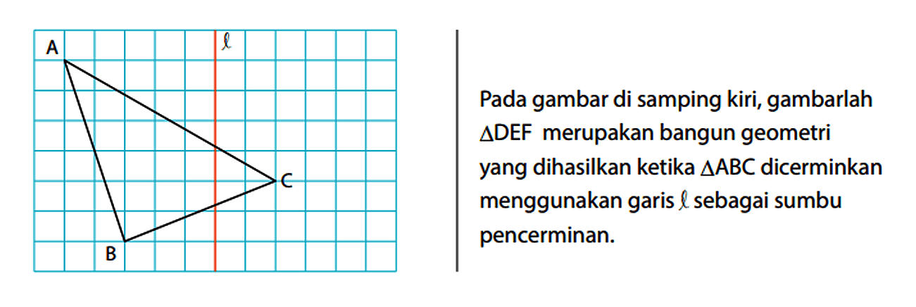 Pada gambar di samping kiri, gambarlah segitiga DEF merupakan bangun geometri yang dihasilkan ketika segitiga ABC dicerminkan menggunakan garis l sebagai sumbu pencerminan. A B C l