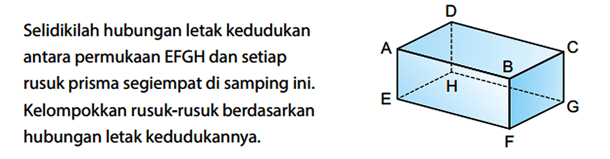 Selidikilah hubungan letak kedudukan antara permukaan EFGH dan setiap rusuk prisma segiempat di samping ini. Kelompokkan rusuk-rusuk berdasarkan hubungan letak kedudukannya. A B C D E F G H