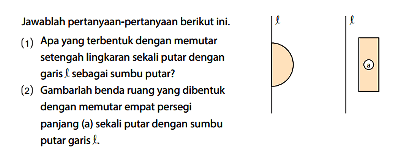 Jawablah pertanyaan-pertanyaan berikut ini.
(1) Apa yang terbentuk dengan memutar setengah lingkaran sekali putar dengan garis l sebagai sumbu putar?
(2) Gambarlah benda ruang yang dibentuk dengan memutar empat persegi panjang (a) sekali putar dengan sumbu putar garis l.
l l a