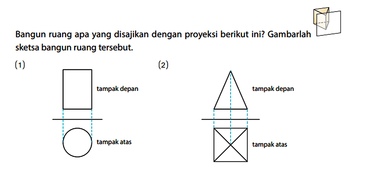 Bangun ruang apa yang disajikan dengan proyeksi berikut ini? Gambarlah sketsa bangun ruang tersebut.
(1) tampak depan tampak atas 
(2) tampak depan tampak atas 