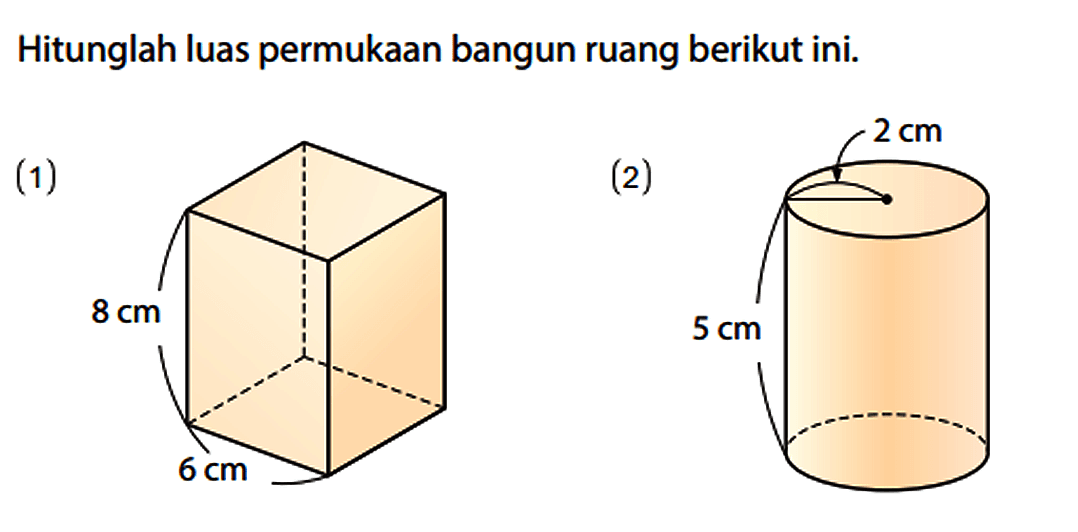 Hitunglah luas permukaan bangun ruang berikut ini.
(1) 8 cm 6 cm (2) 2 cm 5 cm 