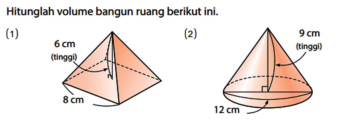 Hitunglah volume bangun ruang berikut ini.
(1) 6 cm (tinggi) 8 cm r (2) 9 cm (tinggi) 12 cm