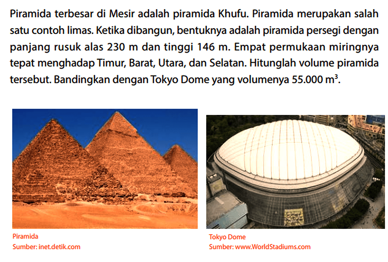 Piramida terbesar di Mesir adalah piramida Khufu. Piramida merupakan salah satu contoh limas. Ketika dibangun, bentuknya adalah piramida persegi dengan panjang rusuk alas 230 m dan tinggi 146 m. Empat permukaan miringnya tepat menghadap Timur, Barat, Utara, dan Selatan. Hitunglah volume piramida tersebut. Bandingkan dengan Tokyo Dome yang volumenya 55.000 m^3.
Piramida Tokyo Dome
Sumber: inet.detik.com Sumber: www.WorldStadiums.com