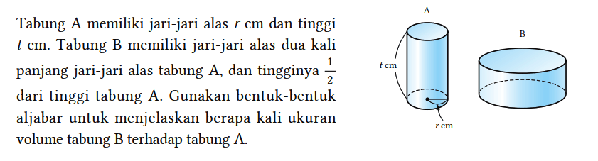 Tabung A memiliki jari-jari alas r cm dan tinggi t cm. Tabung B memiliki jari-jari alas dua kali panjang jari-jari alas tabung A , dan tingginya 1/2 dari tinggi tabung A. Gunakan bentuk-bentuk aljabar untuk menjelaskan berapa kali ukuran volume tabung B terhadap tabung A.

A t cm r cm B