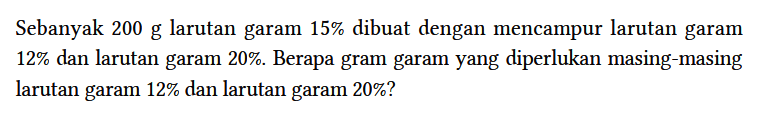 Sebanyak 200 g larutan garam 15% dibuat dengan mencampur larutan garam 12% dan larutan garam 20%. Berapa gram garam yang diperlukan masing-masing larutan garam 12% dan larutan garam 20%?