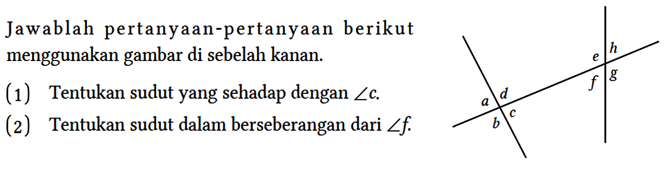 Jawablah pertanyaan-pertanyaan berikut menggunakan gambar di sebelah kanan.
(1) Tentukan sudut yang sehadap dengan sudut c.
(2) Tentukan sudut dalam berseberangan dari sudut f.
a b c d e f g h 