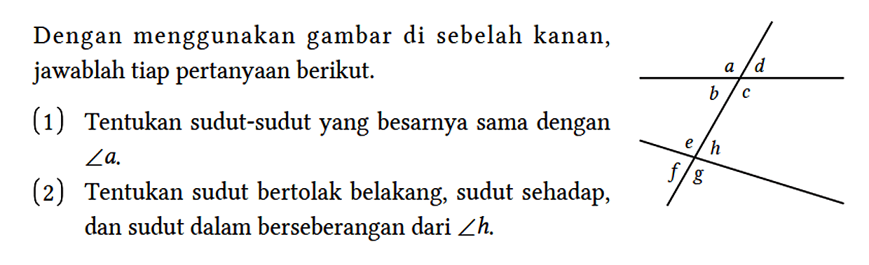 Dengan menggunakan gambar di sebelah kanan, jawablah tiap pertanyaan berikut.
(1) Tentukan sudut-sudut yang besarnya sama dengan sudut a.
(2) Tentukan sudut bertolak belakang, sudut sehadap, dan sudut dalam berseberangan dari sudut h.
a d b c e h f g 