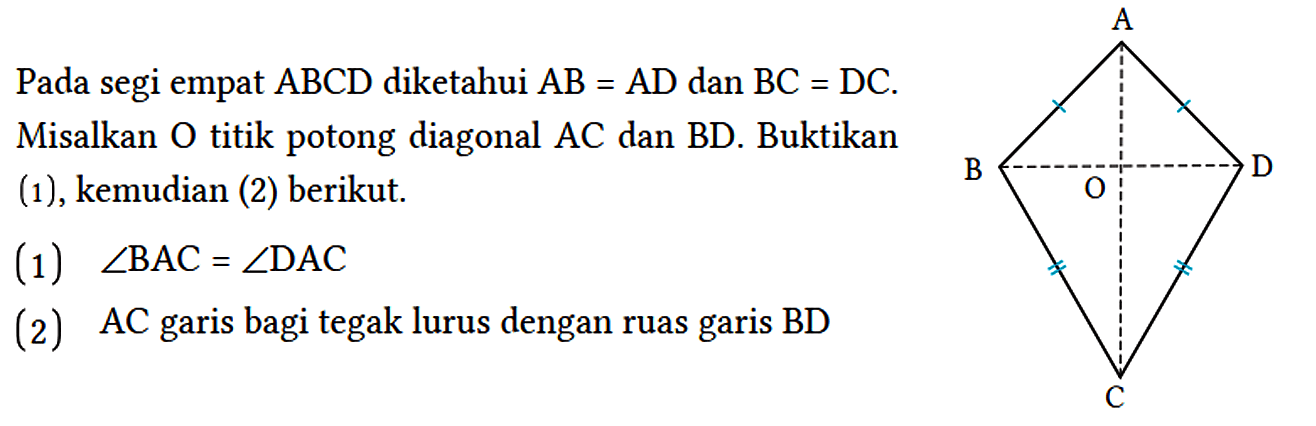 Pada segi empat ABCD diketahui AB = AD dan BC = DC. Misalkan O titik potong diagonal AC dan BD. Buktikan (1), kemudian (2) berikut.
(1)  sudut BAC = sudut DAC 
(2) AC garis bagi tegak lurus dengan ruas garis BD 
A B C D O 