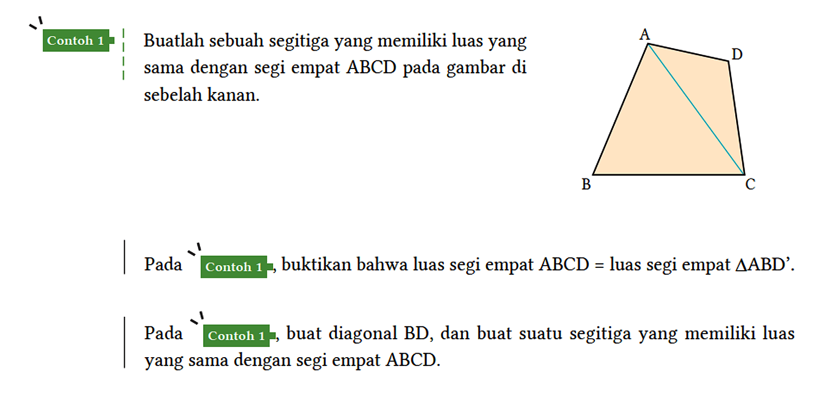 Contoh 1 Buatlah sebuah segitiga yang memiliki luas yang sama dengan segi empat ABCD pada gambar di sebelah kanan. A B C D Pada Contoh 1, buktikan bahwa luas segi empat ABCD = luas segiempat segiitga ABD'. Pada contoh 1, buat diagonal BD, dan buat suatu segitiga yang memiliki luas yang sama dengan segi empat ABCD/
