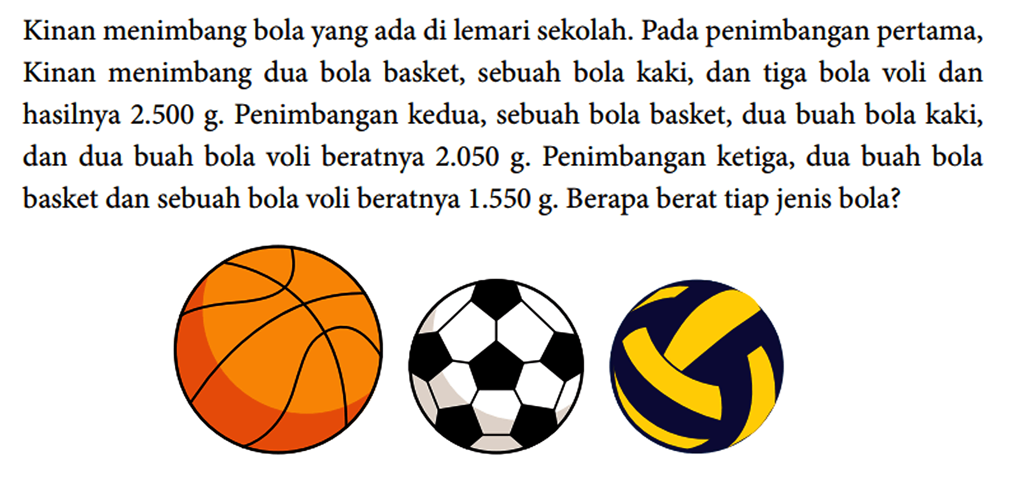 Kinan menimbang bola yang ada di lemari sekolah. Pada penimbangan pertama, Kinan menimbang dua bola basket, sebuah bola kaki, dan tiga bola voli dan hasilnya 2.500 g. Penimbangan kedua, sebuah bola basket, dua buah bola kaki, dan dua buah bola voli beratnya 2.050 g. Penimbangan ketiga, dua buah bola basket dan sebuah bola voli beratnya 1.550 g. Berapa berat tiap jenis bola?