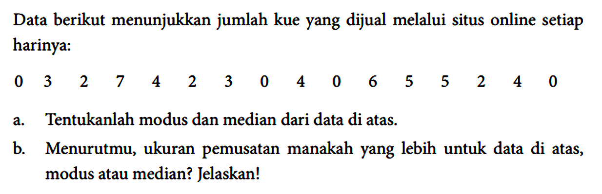 Data berikut menunjukkan jumlah kue yang dijual melalui situs online setiap harinya:
0 3 2 7 4 2 3 0 4 0 6 5 5 2 4 0 a. Tentukanlah modus dan median dari data di atas.
b. Menurutmu, ukuran pemusatan manakah yang lebih untuk data di atas, modus atau median? Jelaskan!