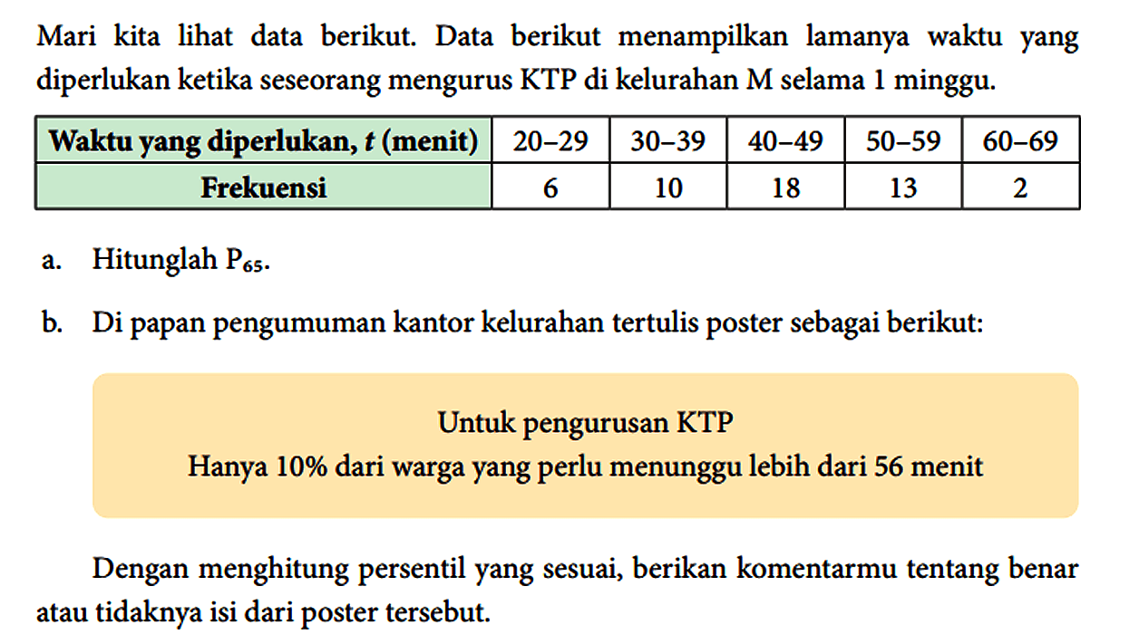 Mari kita lihat data berikut. Data berikut menampilkan lamanya waktu yang diperlukan ketika seseorang mengurus KTP di kelurahan M selama 1 minggu.

 Waktu yang diperlukan, t (menit)   20-29    30-39    40-49    50-59    60-69  
 Frekuensi  6  10  18  13  2 


a. Hitunglah P65.
b. Di papan pengumuman kantor kelurahan tertulis poster sebagai berikut:
Untuk pengurusan KTP 
Hanya 10% dari warga yang perlu menunggu lebih dari 56 menit
Dengan menghitung persentil yang sesuai, berikan komentarmu tentang benar atau tidaknya isi dari poster tersebut.