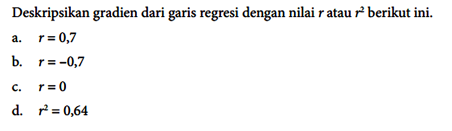 Deskripsikan gradien dari garis regresi dengan nilai r atau r^2 berikut ini.
a. r = 0,7 
b. r = -0,7 
c. r = 0 
d. r^2 = 0,64
