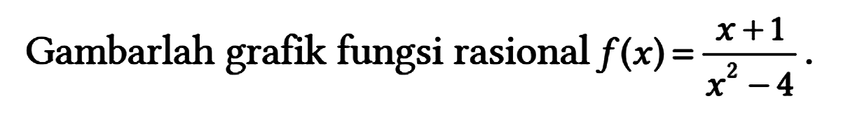 Gambarlah grafik fungsi rasional f(x) = (x + 1)/(x^2 - 4).