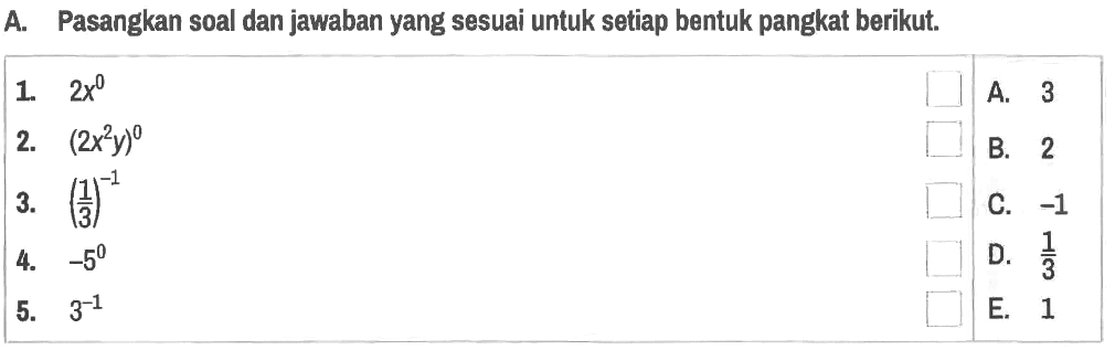 A. Pasangkan soal dan jawaban yang sesuai untuk setiap bentuk pangkat berikut. 1. 2 x^0 A. 3 2. (2x^2 y)^0 B. 2 3. (1/3)^(-1) C. -1 4. -5^0 D. 1/3 5. 3^(-1) E. 1